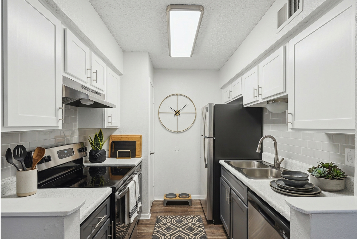 Kitchen with white cabinets, black appliances, and tile backsplash at Elevate at Huebner Grove apartments