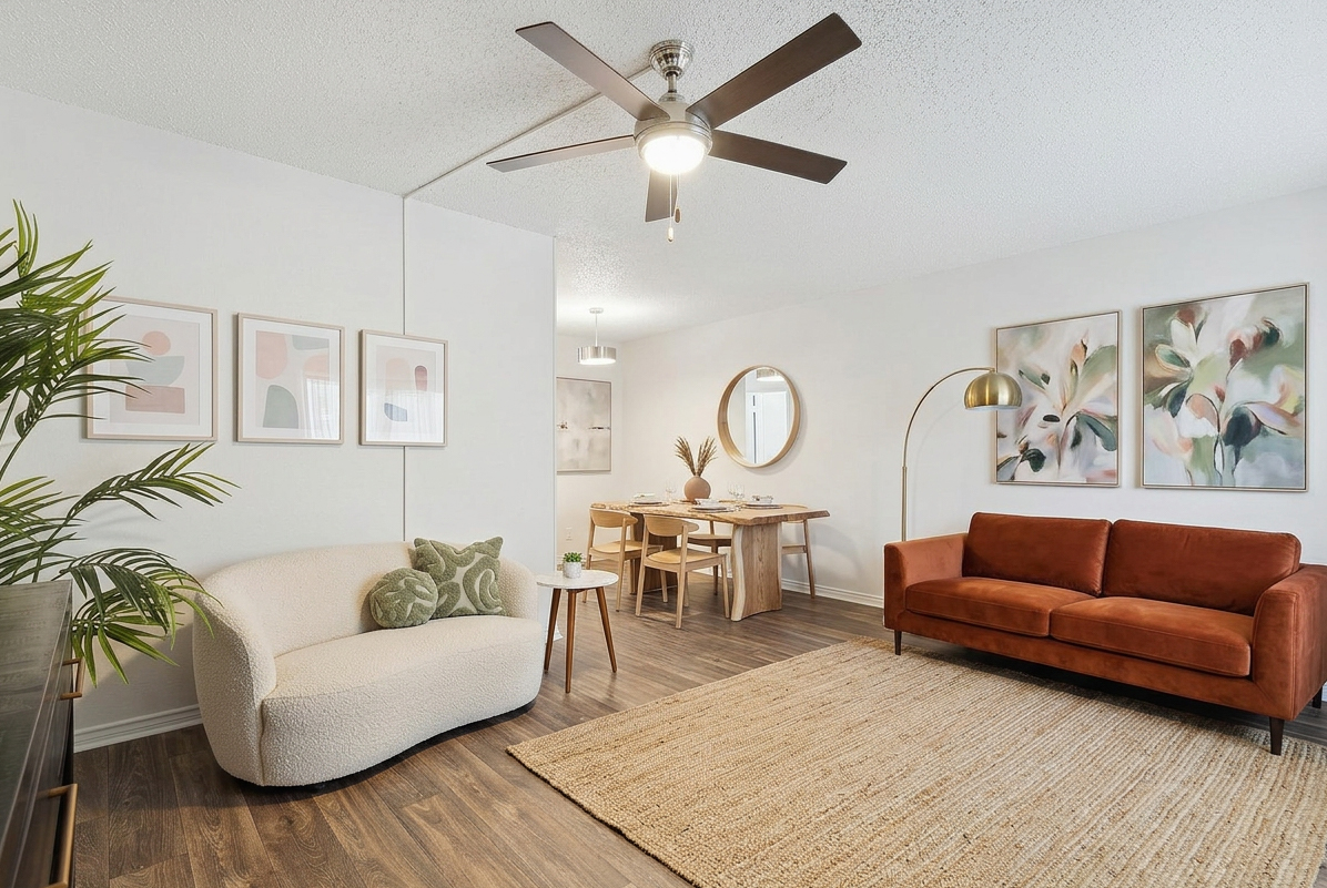 Open-concept living room and dining area with modern furnishings at Elevate at Huebner Grove apartments