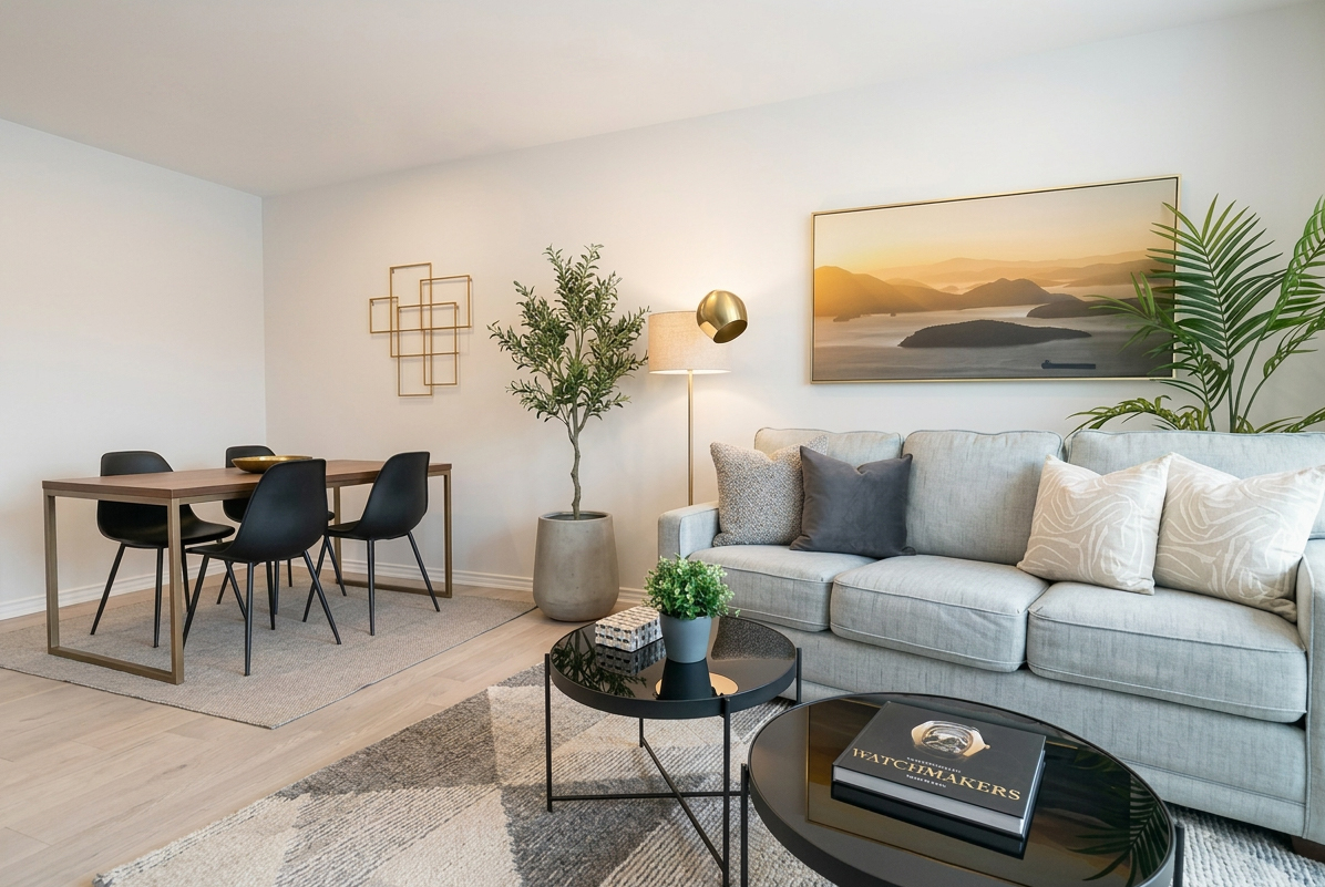 Living and dining area with modern furniture and decor at Elevate at Huebner Grove apartments
